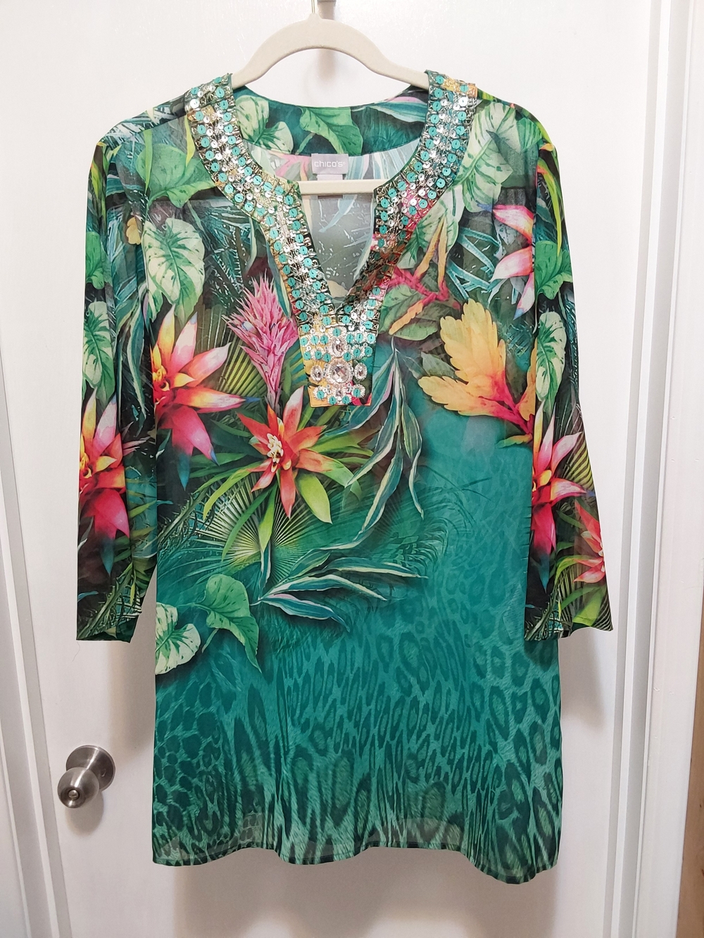 Chico's Tropical Semi-Sheer Beaded Tunic